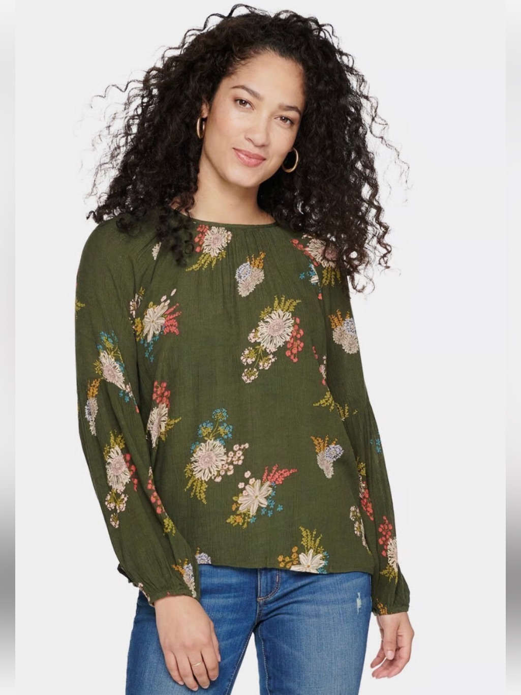 Sonoma Olive Floral Long-Sleeve Peasant Top
